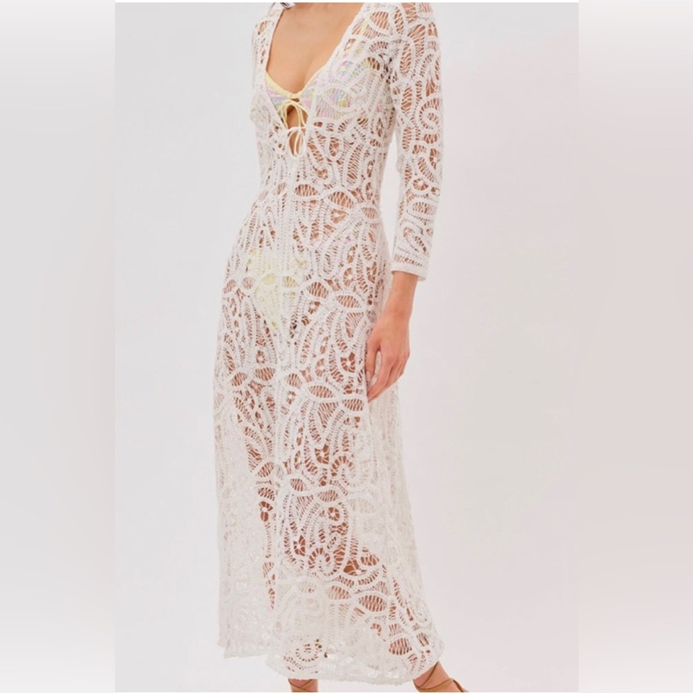 For Love & Lemons White Crochet Maxi Swim Coverup